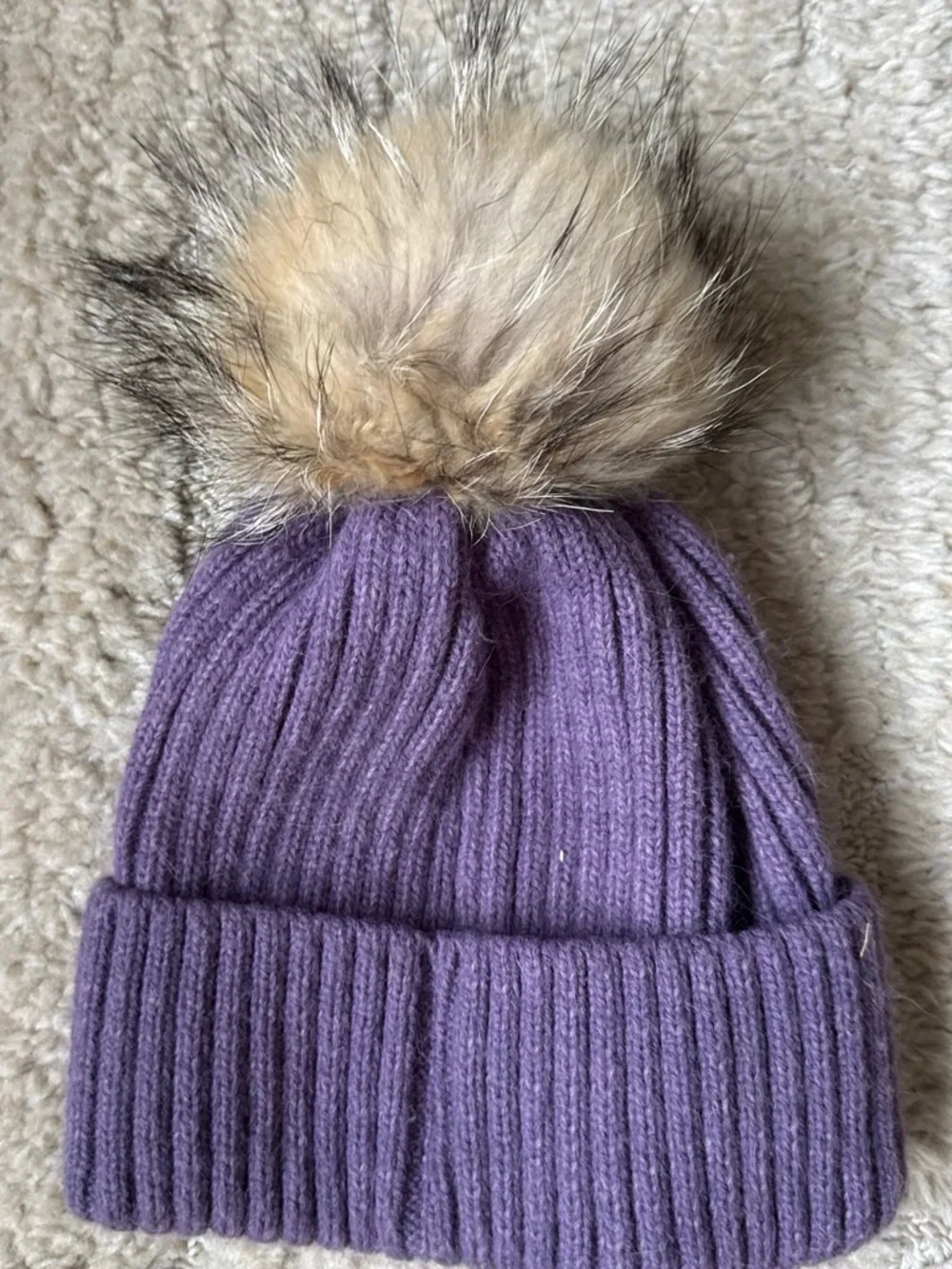 Plum Ribbed Knit Beanie with Fur Pom
